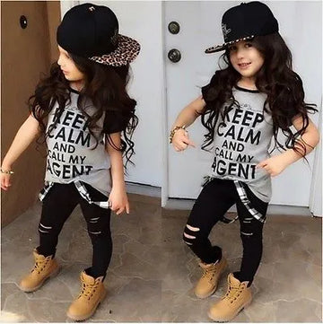 Baby Girls Stylish 2Pc Short Sleeve T-shirt & Ripped Leggings Set